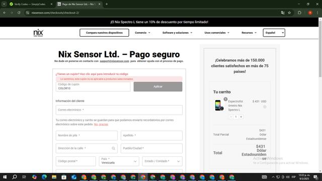Nix Sensor checkout page showing Nix Sensor discount code box | Screenshot taken by SimplyCodes community member on Mar 9, 2025