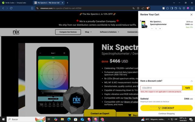 Nix Sensor checkout page showing Nix Sensor discount code box | Screenshot taken by SimplyCodes community member on Apr 19, 2025