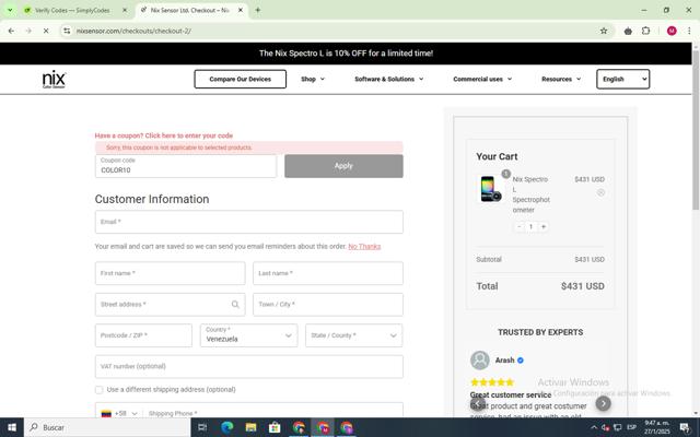 Nix Sensor checkout page showing Nix Sensor discount code box | Screenshot taken by SimplyCodes community member on Jan 27, 2025