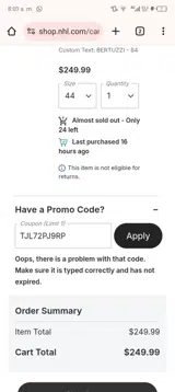 New Jersey Devils Shop coupon verification screenshot