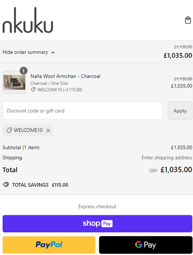 Nkuku checkout page showing Nkuku discount code box | Screenshot taken by SimplyCodes community member on Sep 12, 2024