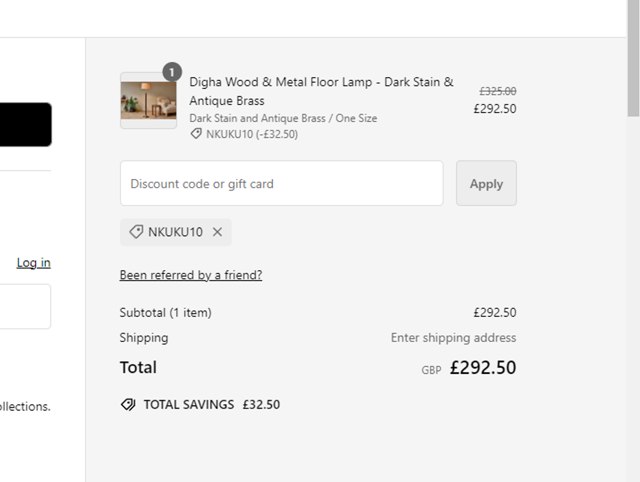 Nkuku checkout page showing Nkuku discount code box | Screenshot taken by SimplyCodes community member on Sep 11, 2024