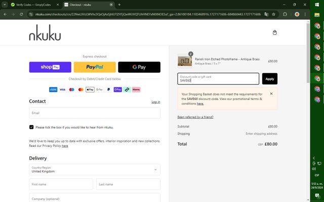 Nkuku checkout page showing Nkuku discount code box | Screenshot taken by SimplyCodes community member on Sep 24, 2024