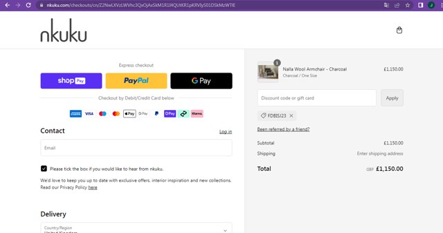 Nkuku checkout page showing Nkuku discount code box | Screenshot taken by SimplyCodes community member on Nov 8, 2024