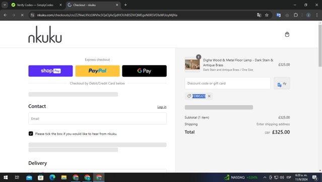 Nkuku checkout page showing Nkuku discount code box | Screenshot taken by SimplyCodes community member on Sep 11, 2024
