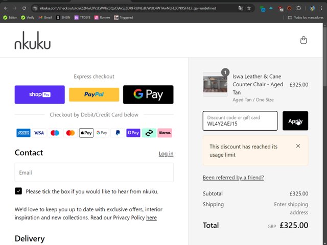 Nkuku checkout page showing Nkuku discount code box | Screenshot taken by SimplyCodes community member on Aug 28, 2024