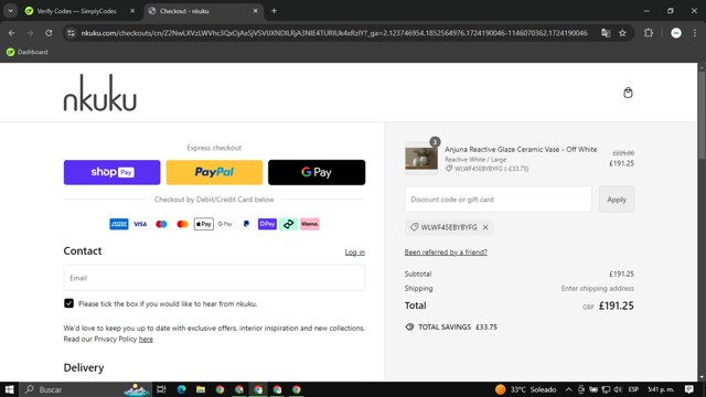 Nkuku checkout page showing Nkuku discount code box | Screenshot taken by SimplyCodes community member on Aug 20, 2024