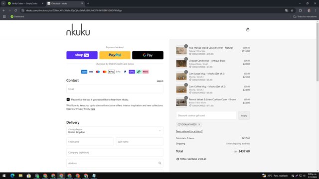 Nkuku checkout page showing Nkuku discount code box | Screenshot taken by SimplyCodes community member on Nov 6, 2024