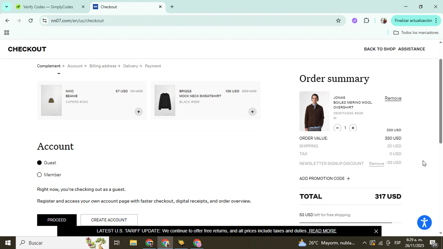 NN07 promo code screenshot showing code WELCOME applied at NN07 checkout page. Uploaded by SimplyCodes community member Mujerdejunnior on Nov 26, 2025
