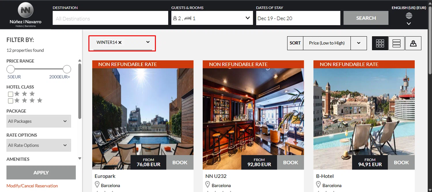 NN Hotels discount code screenshot showing code WINTER14 applied at NN Hotels checkout page. Uploaded by SimplyCodes community member noworries on Dec 13, 2025