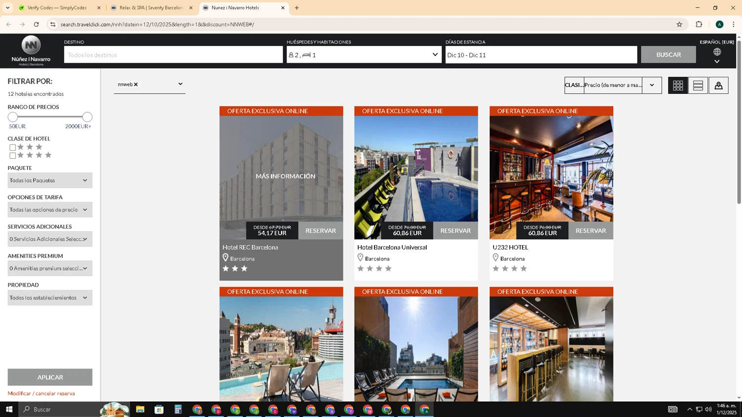 NN Hotels discount code screenshot showing code NNWEB applied at NN Hotels checkout page. Uploaded by SimplyCodes community member HAOJIN on Dec 1, 2025