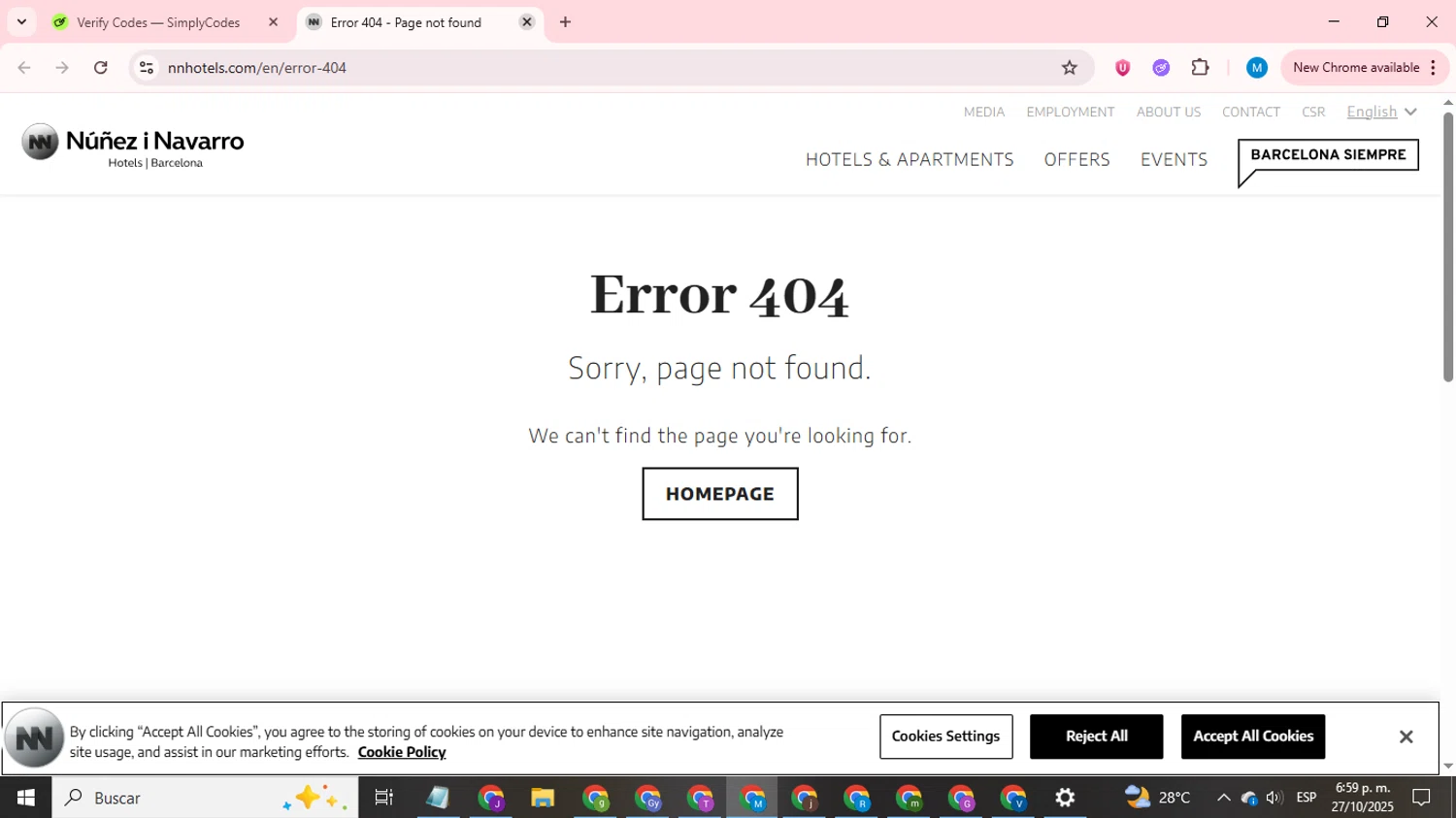 NN Hotels discount code screenshot showing code SUMMERTIMEBCN applied at NN Hotels checkout page. Uploaded by SimplyCodes community member LegendaryCurator1585 on Oct 27, 2025