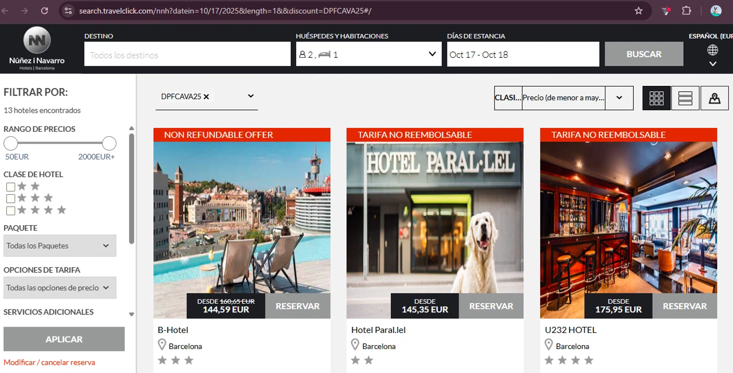 NN Hotels discount code screenshot showing code DPFCAVA25 applied at NN Hotels checkout page. Uploaded by SimplyCodes community member elgatobravo on Oct 16, 2025