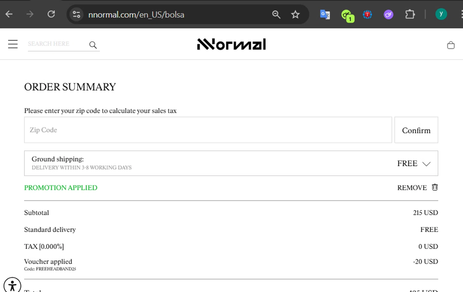 NNORMAL promo code screenshot showing code FREEHEADBAND25 applied at NNORMAL checkout page. Uploaded by SimplyCodes community member 502312 on May 14, 2025