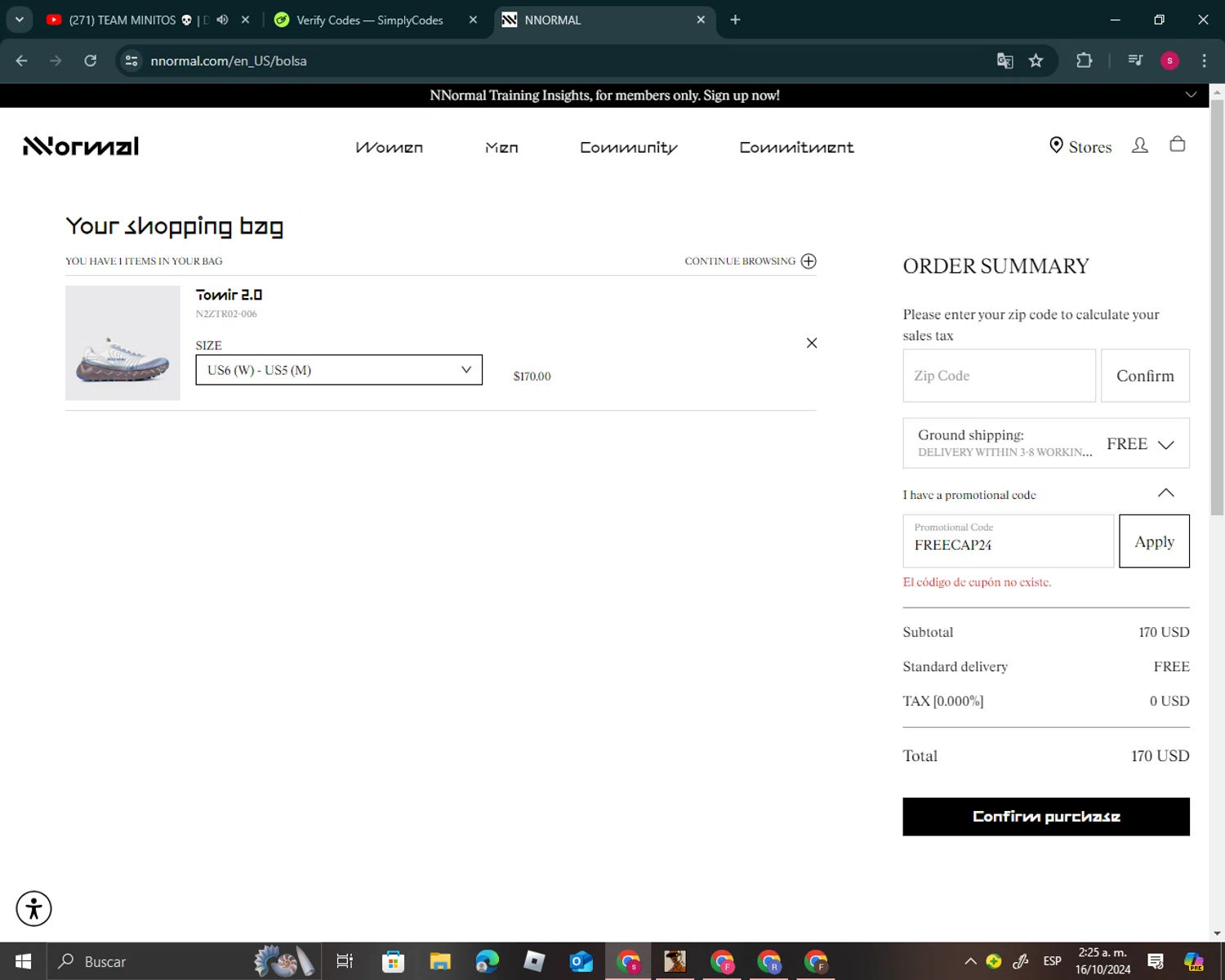 NNORMAL checkout page showing NNORMAL promo code box | Screenshot taken by SimplyCodes community member on Oct 16, 2024