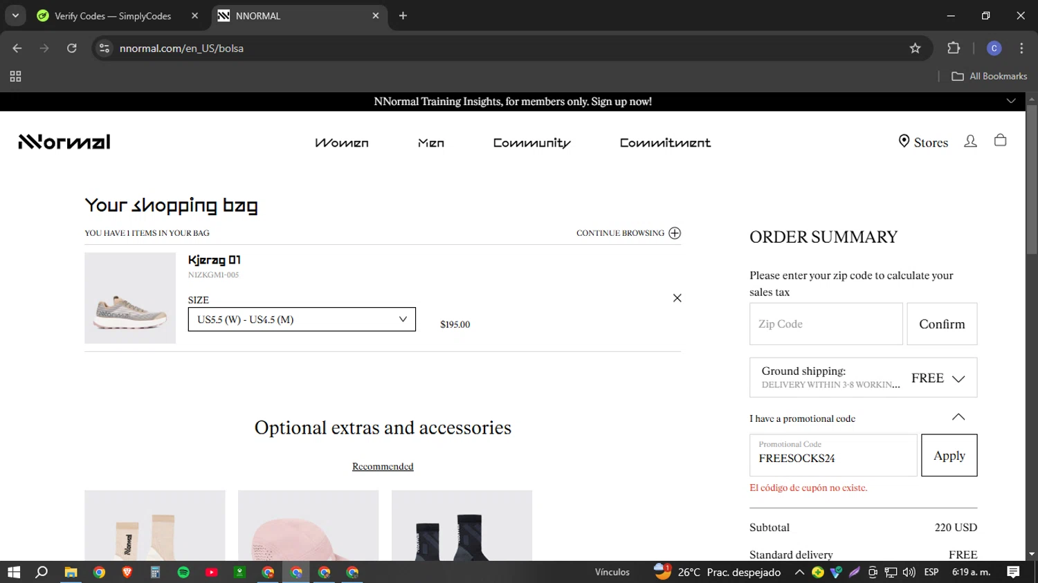 NNORMAL promo code screenshot showing code FREESOCKS24 applied at NNORMAL checkout page. Uploaded by SimplyCodes community member Cotu1208 on Jan 7, 2025
