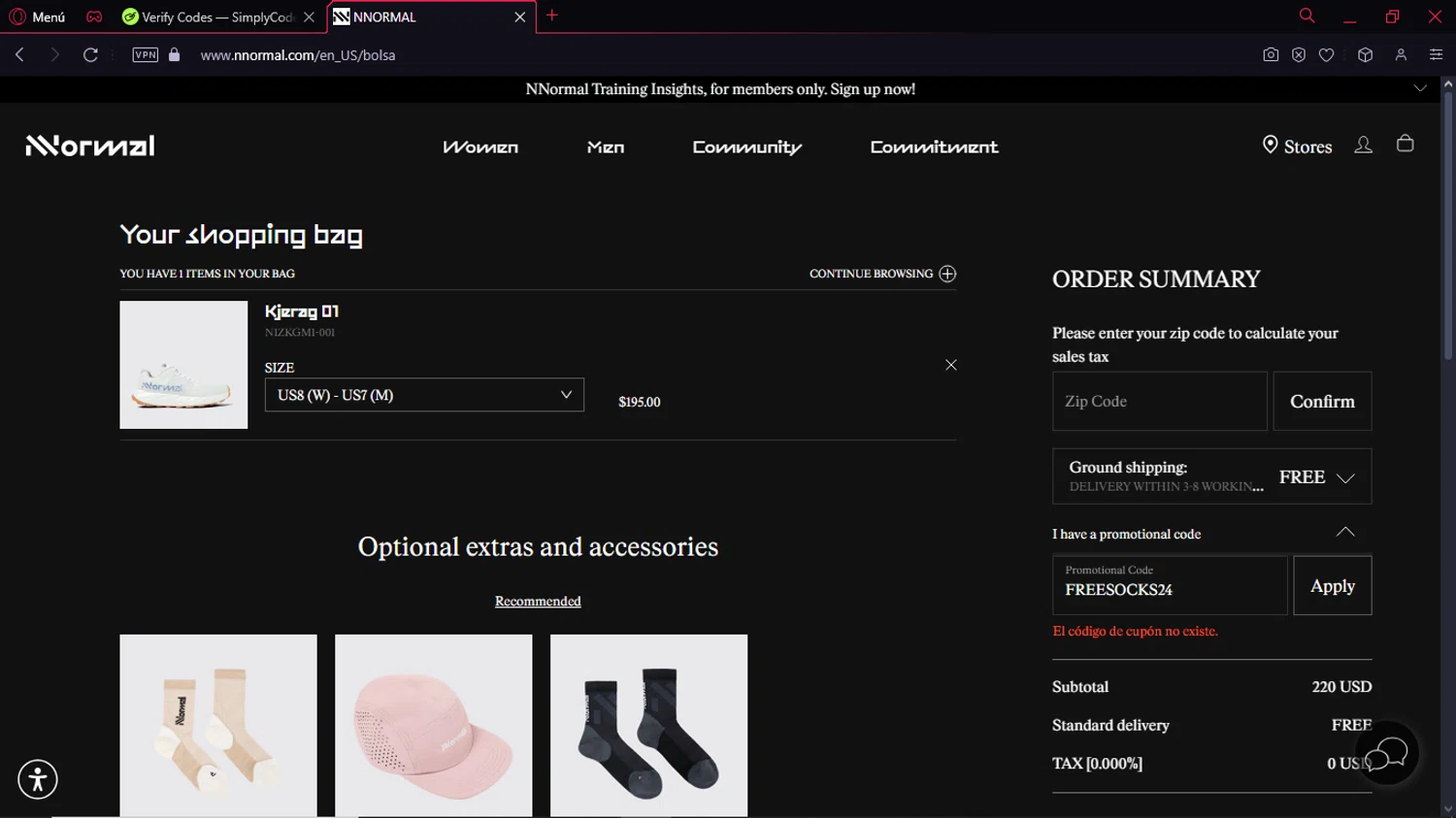 NNORMAL promo code screenshot showing code FREESOCKS24 applied at NNORMAL checkout page. Uploaded by SimplyCodes community member Gabrielpato on Jan 7, 2025