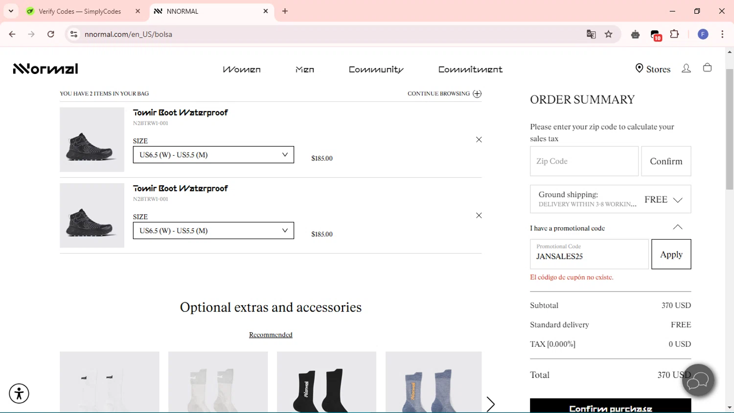 NNORMAL promo code screenshot showing code JANSALES25 applied at NNORMAL checkout page. Uploaded by SimplyCodes community member 123exss on Feb 4, 2025
