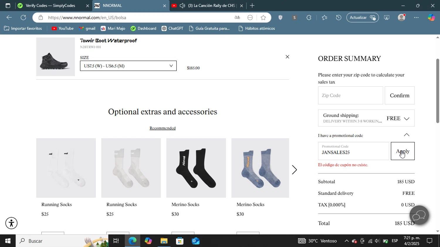 NNORMAL promo code screenshot showing code JANSALES25 applied at NNORMAL checkout page. Uploaded by SimplyCodes community member ShieldGenius127 on Feb 4, 2025