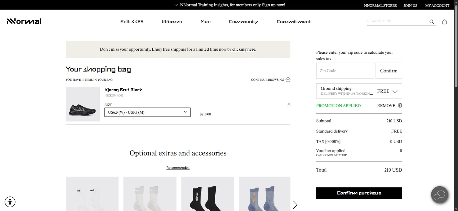 NNORMAL promo code screenshot showing code COMMUNITYSHIP applied at NNORMAL checkout page. Uploaded by SimplyCodes community member rapiddeals on Apr 30, 2025