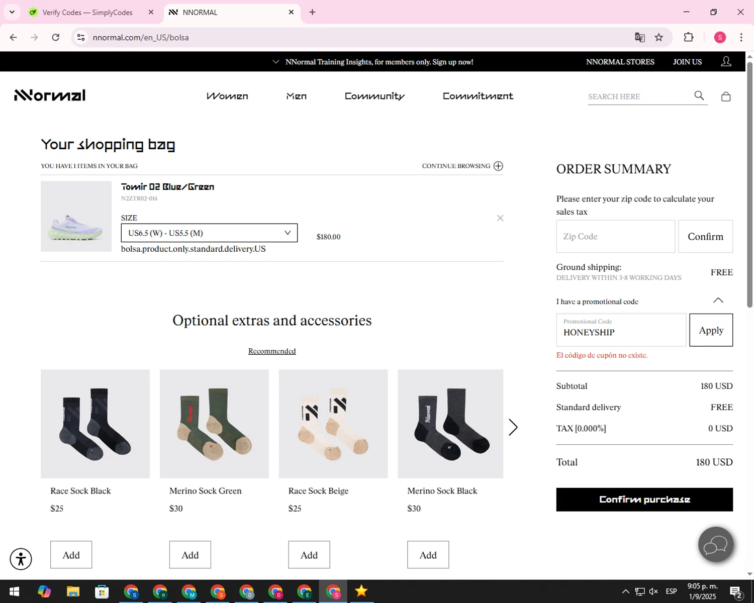 NNORMAL promo code screenshot showing code HONEYSHIP applied at NNORMAL checkout page. Uploaded by SimplyCodes community member 00000056 on Sep 2, 2025