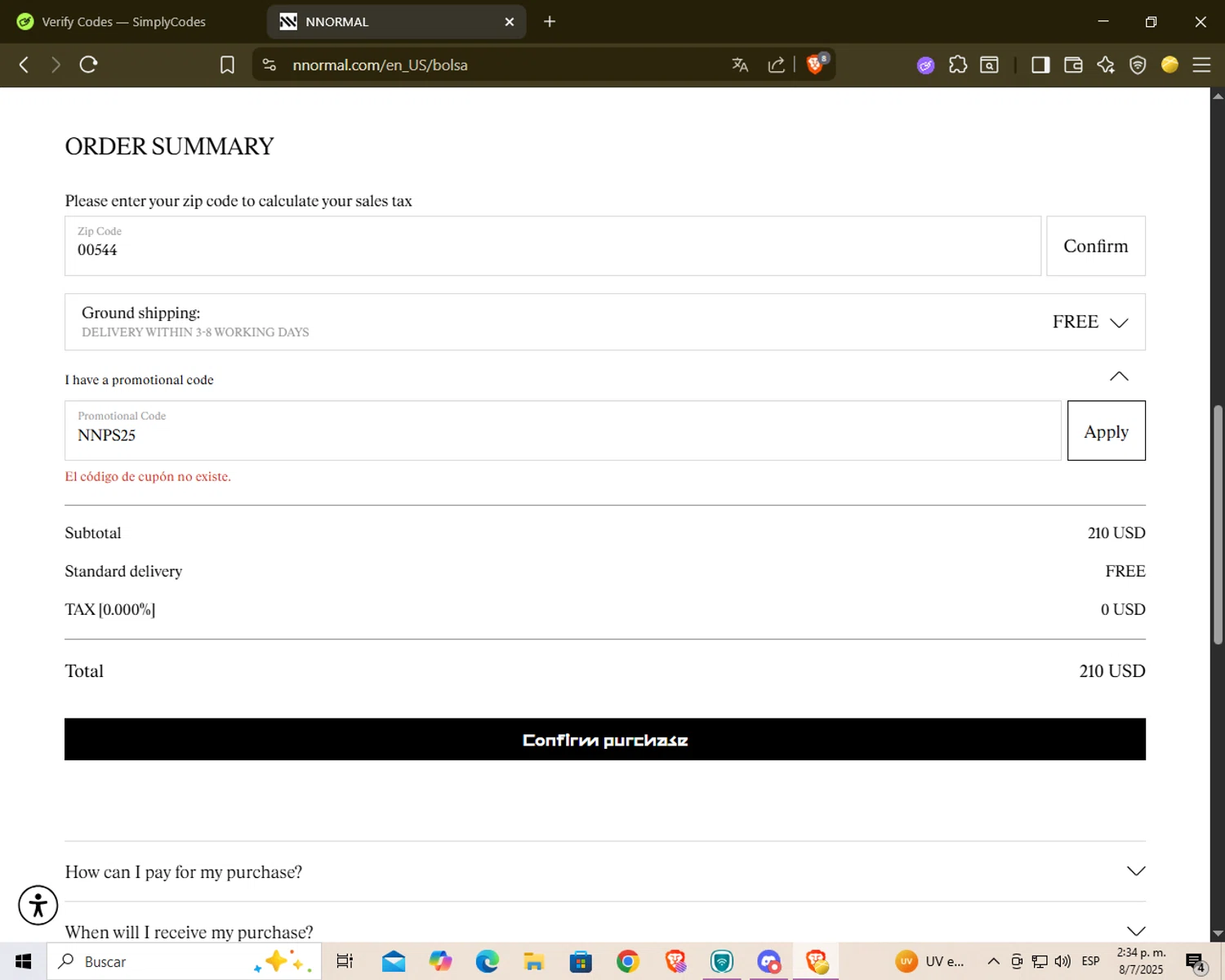 NNORMAL promo code screenshot showing code NNPS25 applied at NNORMAL checkout page. Uploaded by SimplyCodes community member Yure2713 on Jul 8, 2025