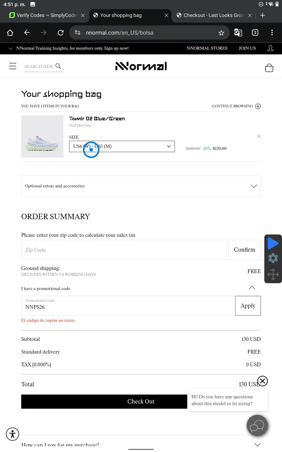 NNORMAL checkout page showing NNORMAL promo code box | Screenshot taken by SimplyCodes community member on Feb 4, 2026