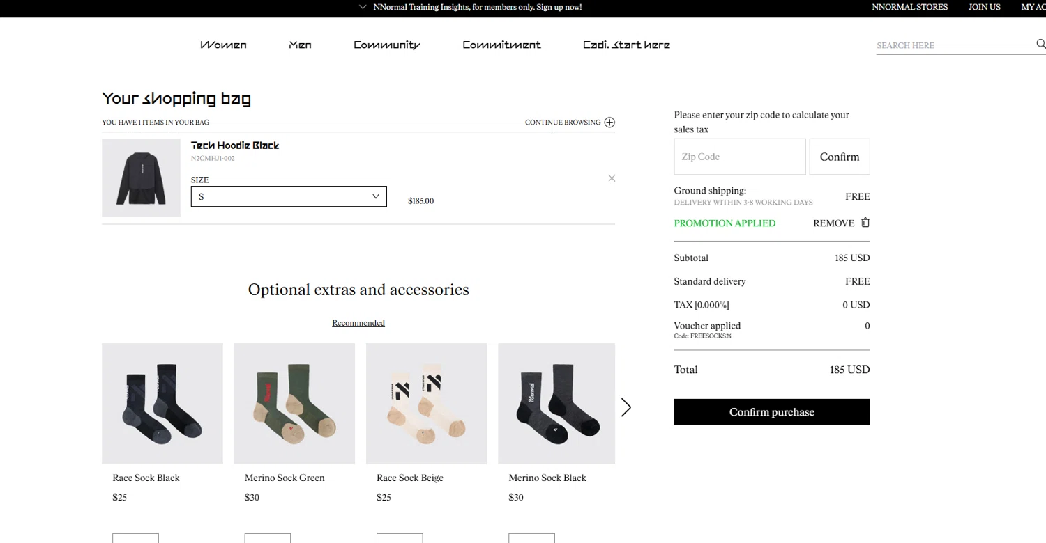 NNORMAL promo code screenshot showing code FREESOCKS24 applied at NNORMAL checkout page. Uploaded by SimplyCodes community member usermariee on Dec 4, 2025