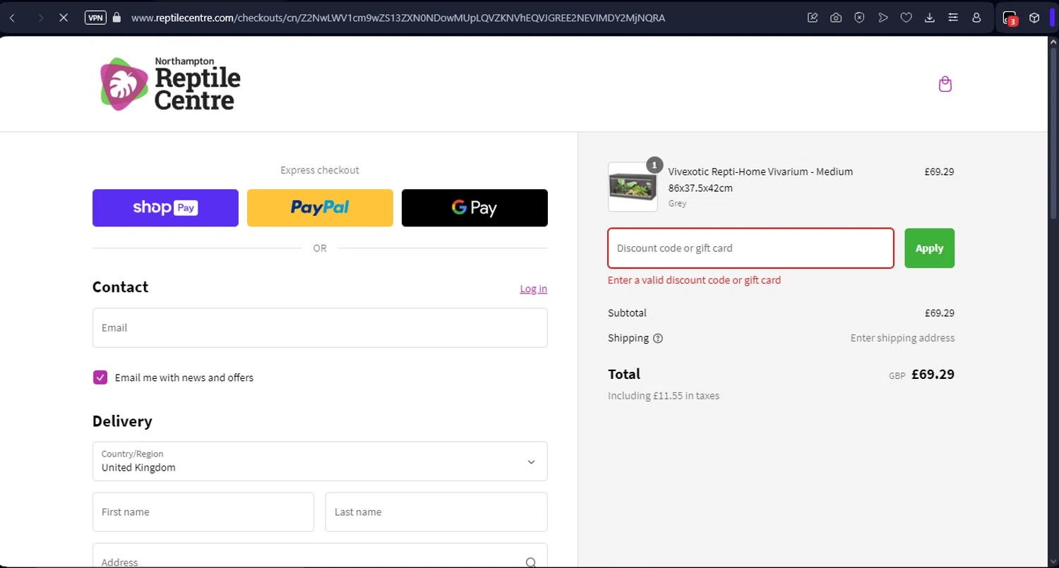 Northampton Reptile Centre discount code screenshot showing code WELCOME10 applied at Northampton Reptile Centre checkout page. Uploaded by SimplyCodes community member Mr_fran on Feb 5, 2025