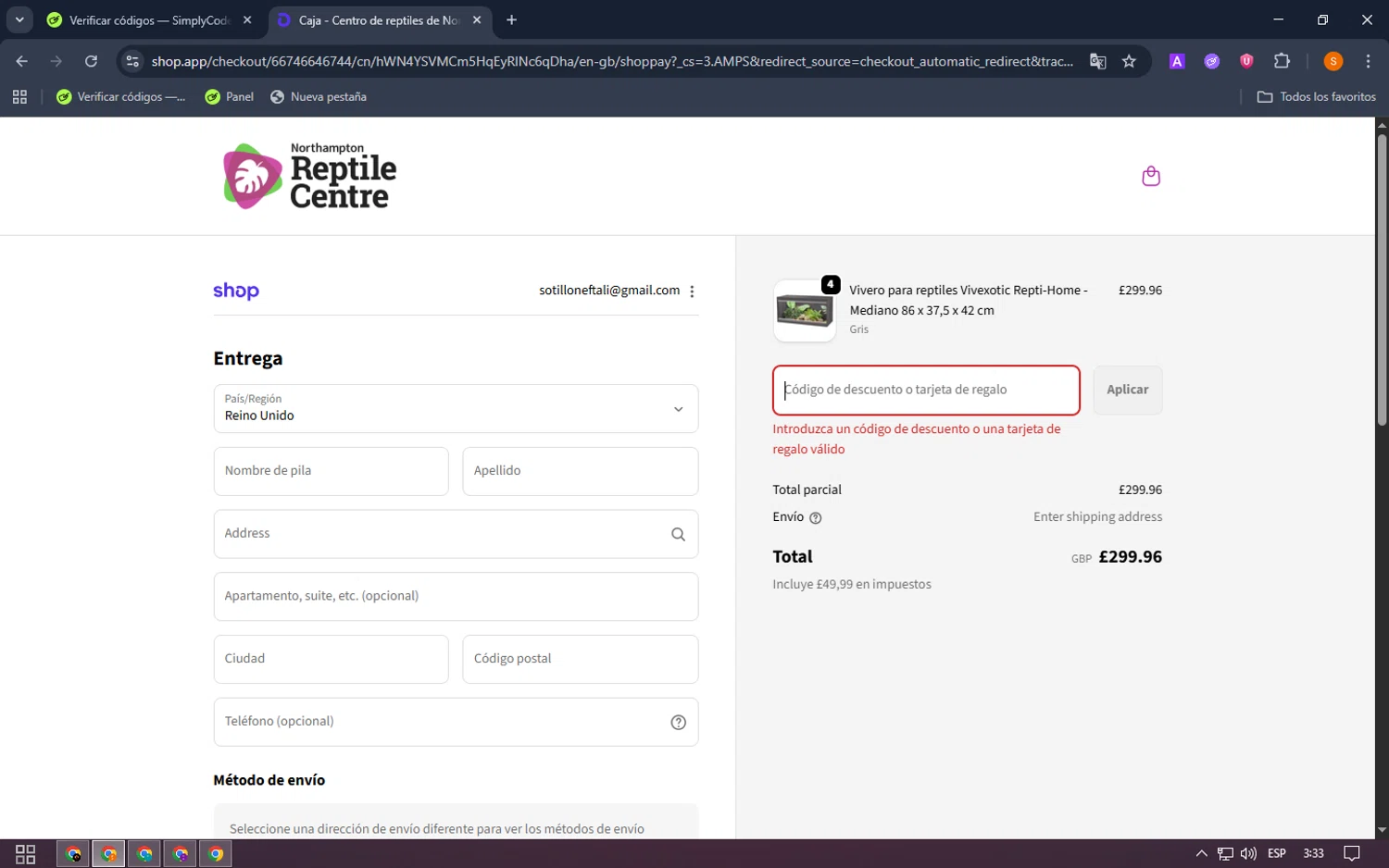 Northampton Reptile Centre discount code screenshot showing code WELCOME10 applied at Northampton Reptile Centre checkout page. Uploaded by SimplyCodes community member MangoFC on Oct 26, 2025