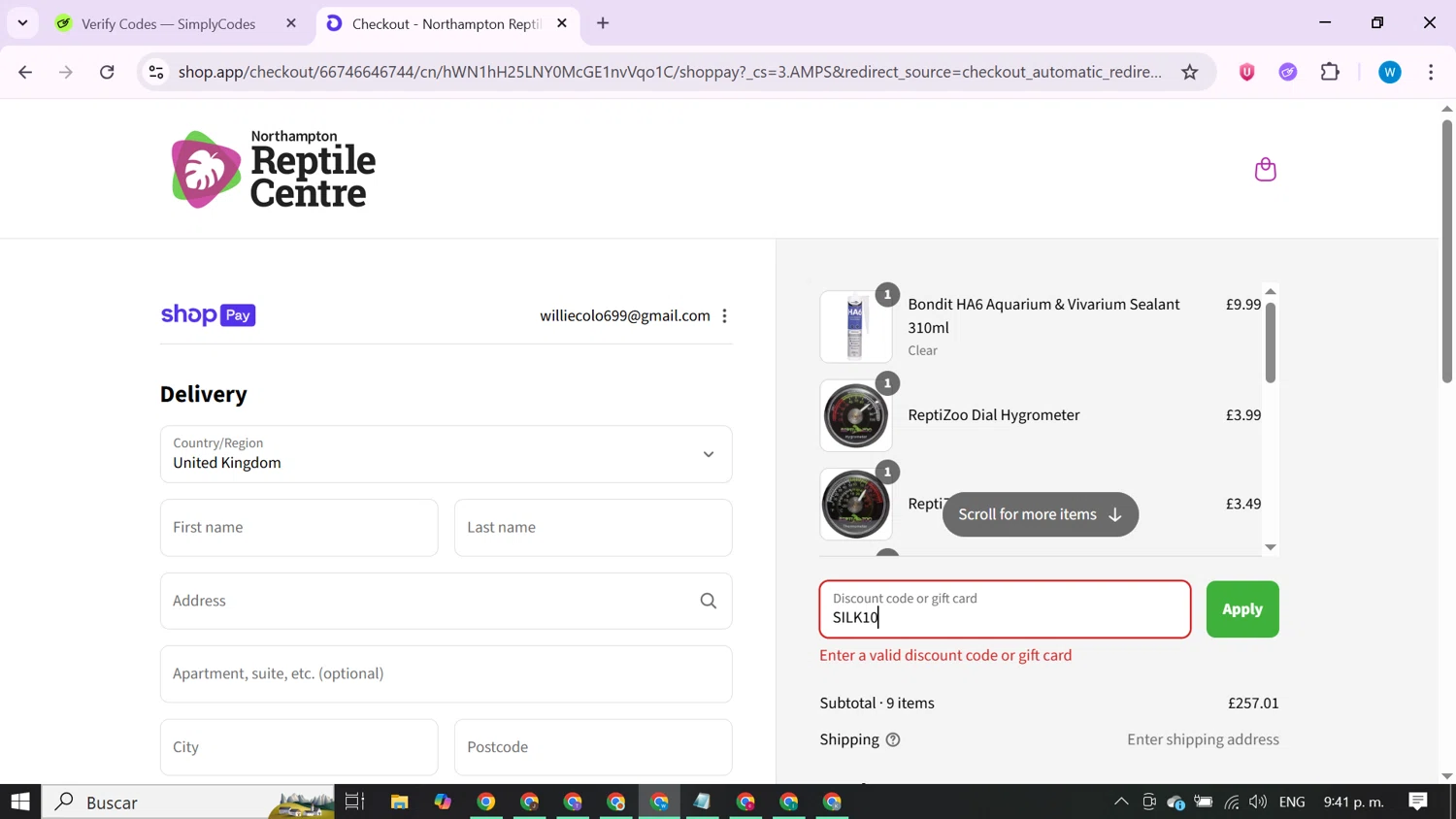 Northampton Reptile Centre discount code screenshot showing code SILK10 applied at Northampton Reptile Centre checkout page. Uploaded by SimplyCodes community member CrownShopper7142 on Aug 12, 2025