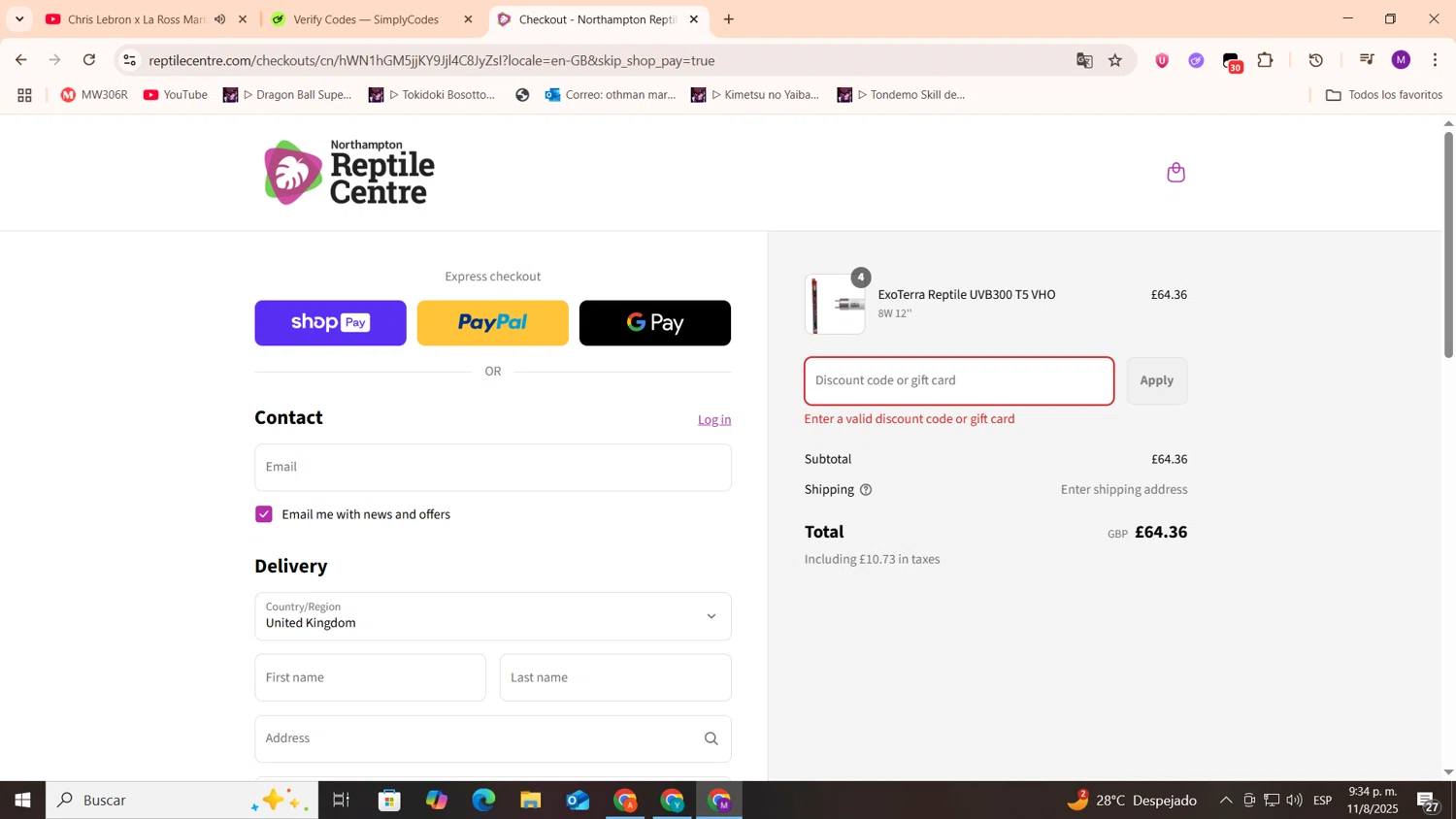 Northampton Reptile Centre discount code screenshot showing code SILK10 applied at Northampton Reptile Centre checkout page. Uploaded by SimplyCodes community member cod_gakpo on Aug 12, 2025