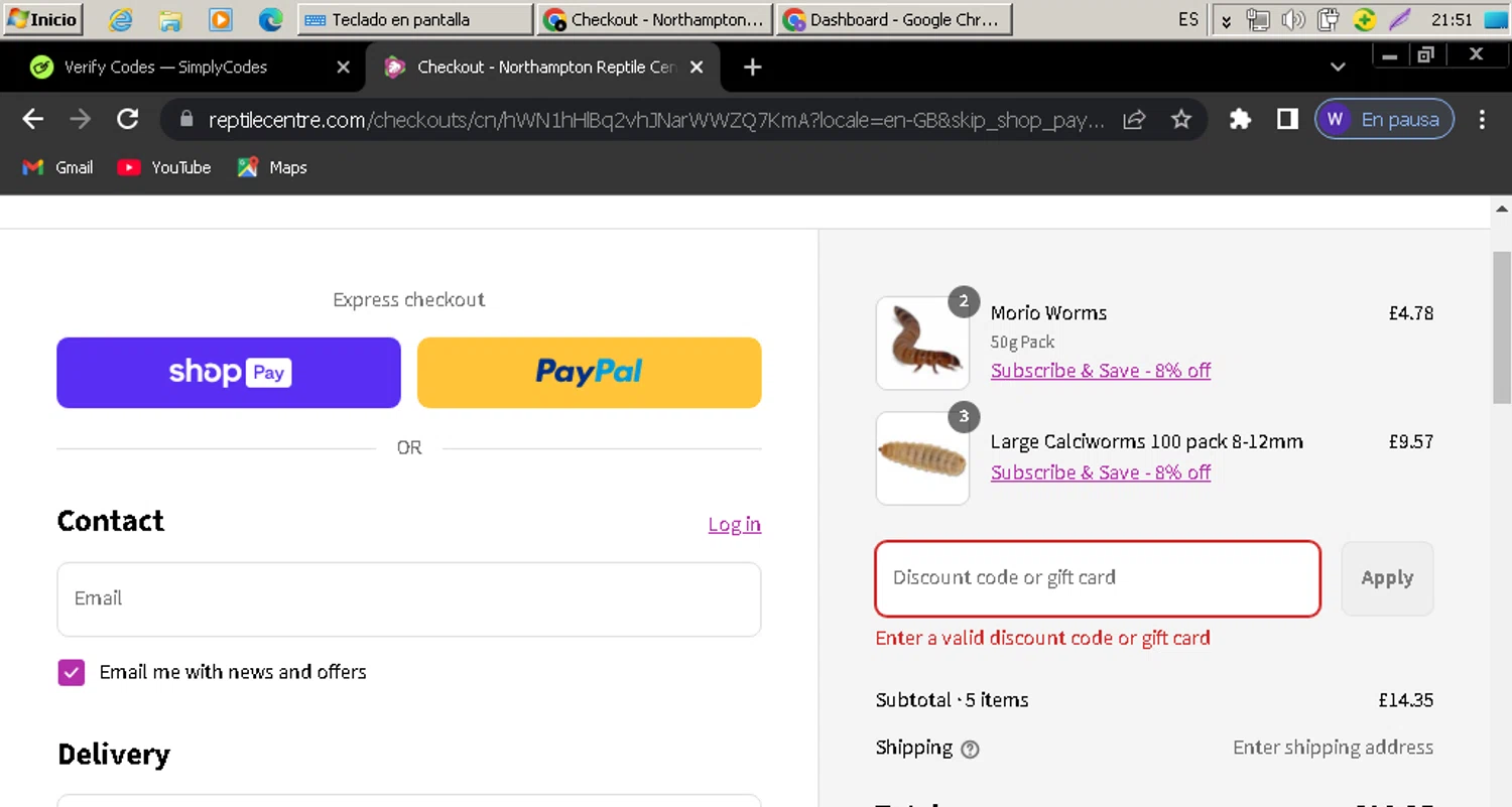 Northampton Reptile Centre discount code screenshot showing code SILK10 applied at Northampton Reptile Centre checkout page. Uploaded by SimplyCodes community member wuilmasoncoronado on Aug 12, 2025