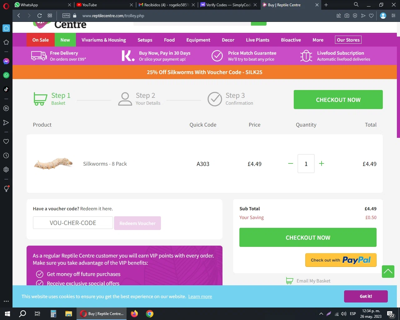 Northampton Reptile Centre checkout page showing Northampton Reptile Centre discount code box | Screenshot taken by SimplyCodes community member on May 26, 2023