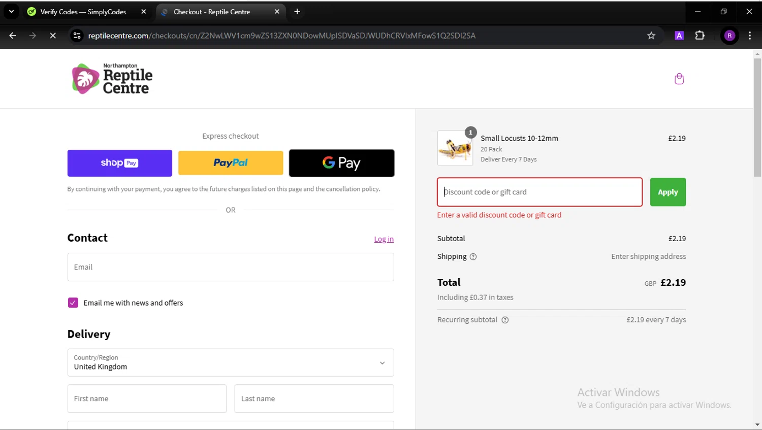 Northampton Reptile Centre discount code screenshot showing code BOGOF applied at Northampton Reptile Centre checkout page. Uploaded by SimplyCodes community member GabrielCichero on Jan 14, 2025