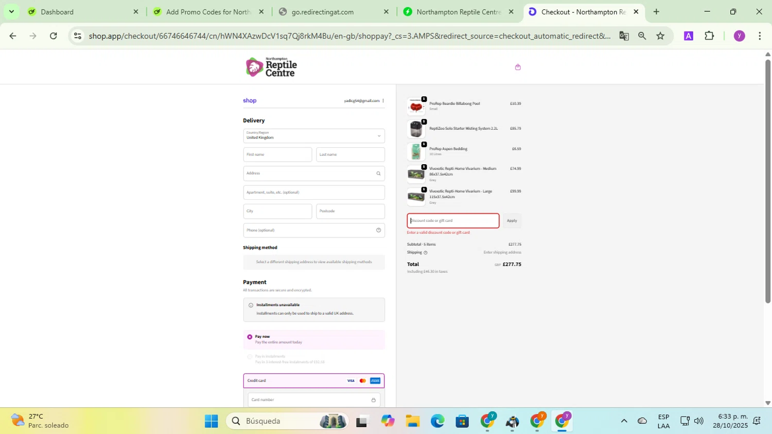 Northampton Reptile Centre discount code screenshot showing code LRR114 applied at Northampton Reptile Centre checkout page. Uploaded by SimplyCodes community member yadicg054 on Oct 28, 2025