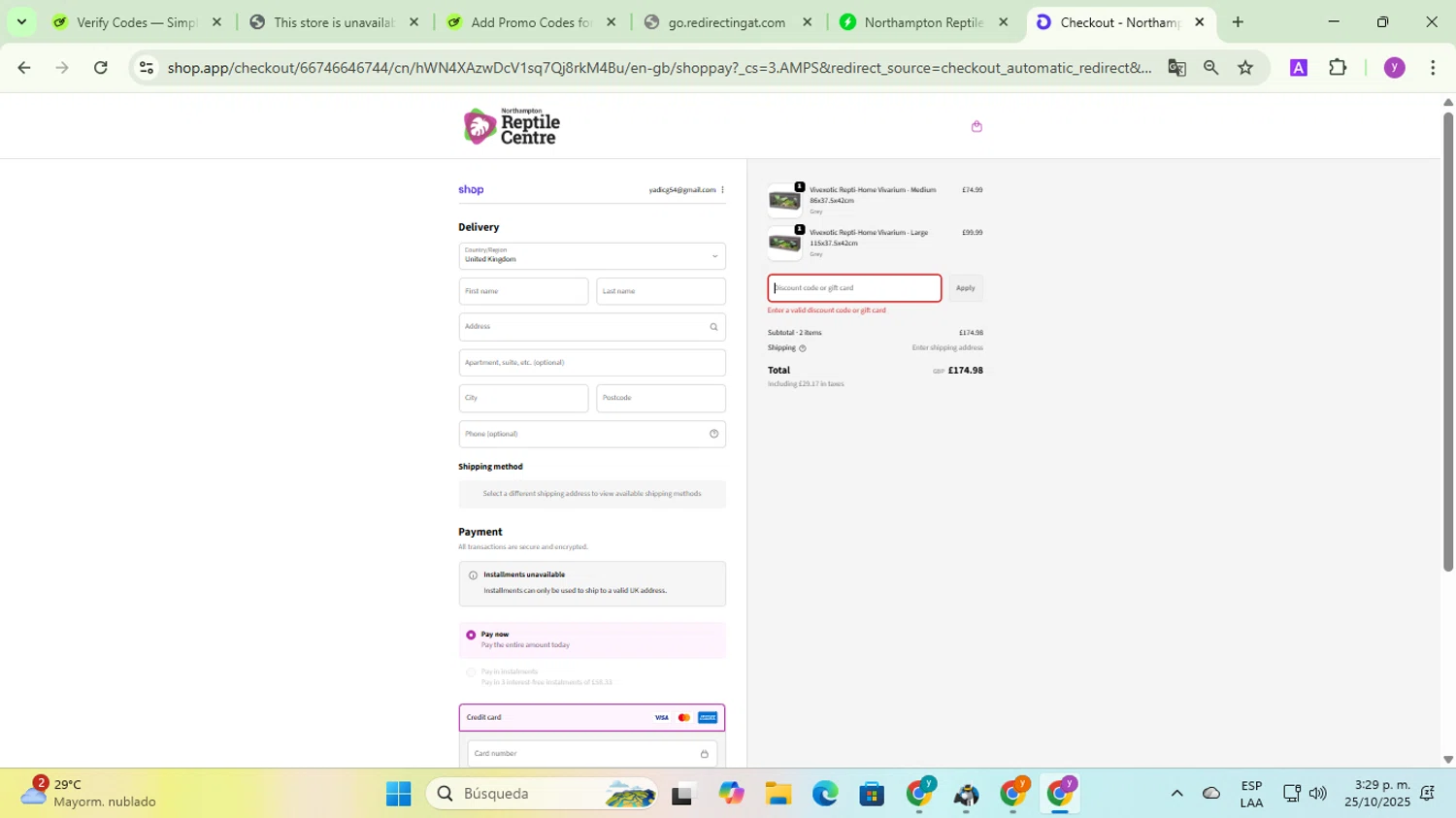 Northampton Reptile Centre discount code screenshot showing code WELCOME10 applied at Northampton Reptile Centre checkout page. Uploaded by SimplyCodes community member yadicg054 on Oct 25, 2025