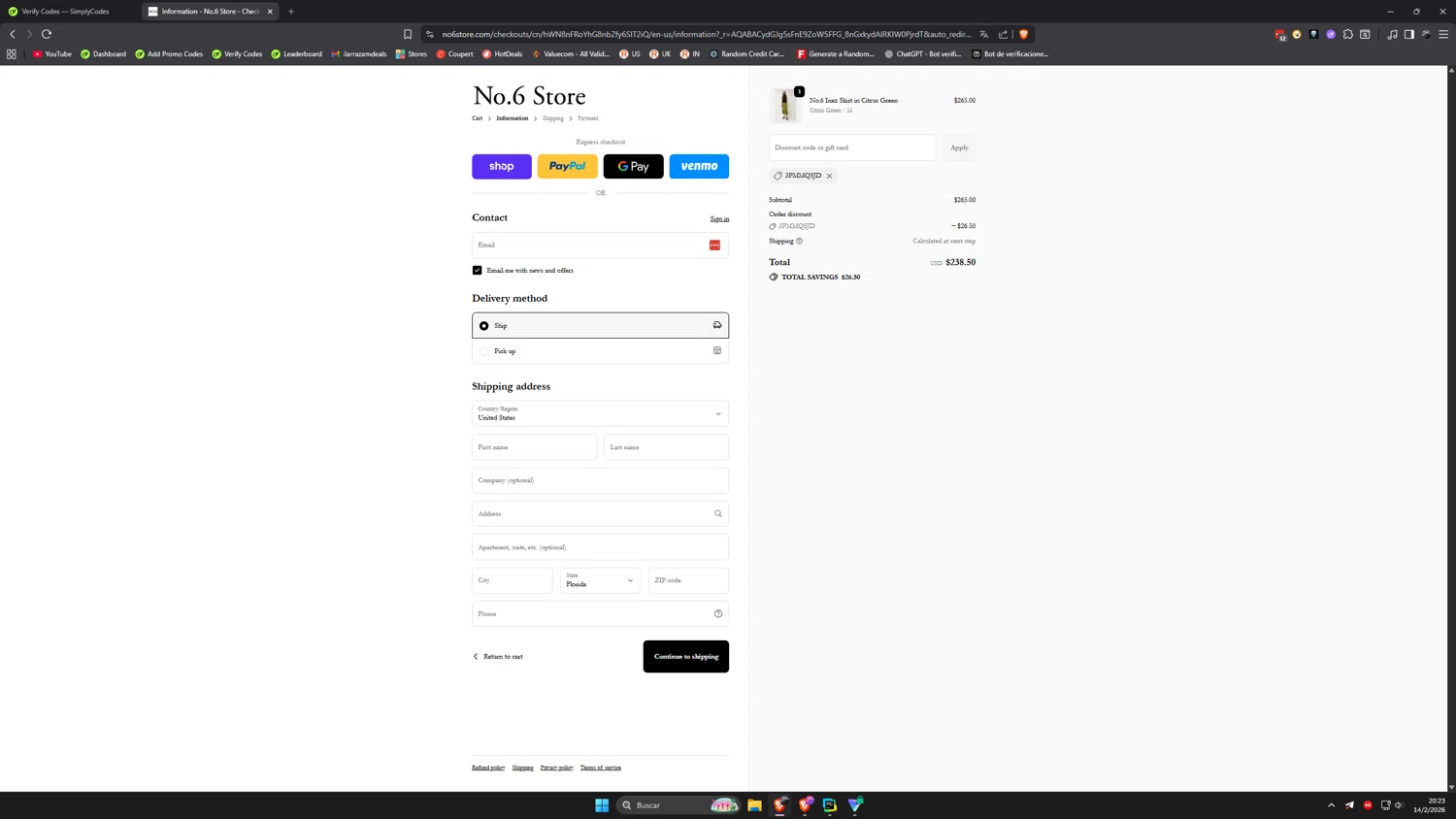 No.6 Store checkout page showing No.6 Store promo code box | Screenshot taken by SimplyCodes community member on Feb 15, 2026