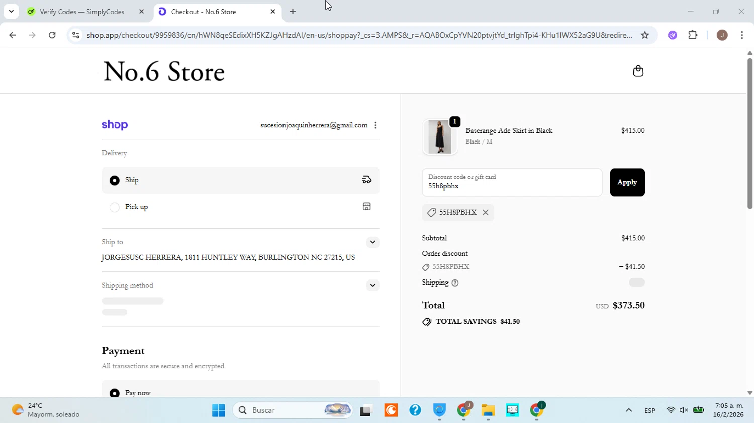 No.6 Store checkout page showing No.6 Store promo code box | Screenshot taken by SimplyCodes community member on Feb 16, 2026