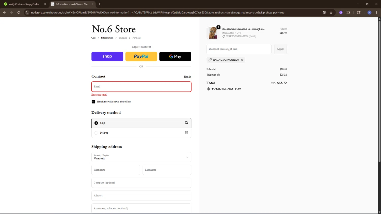 No.6 Store checkout page showing No.6 Store promo code box | Screenshot taken by SimplyCodes community member on Feb 18, 2026