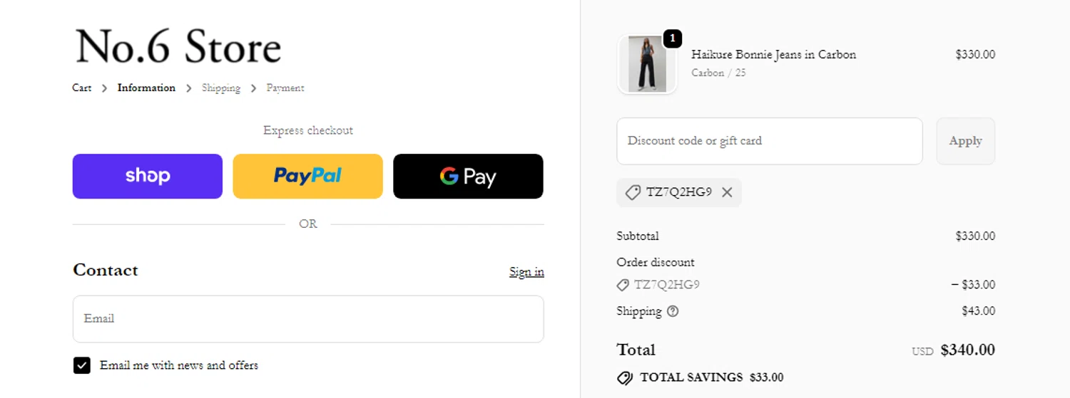 No.6 Store promo code screenshot showing code tz7q2hg9 applied at No.6 Store checkout page. Uploaded by SimplyCodes community member RonaldAcunaJr on Feb 13, 2026