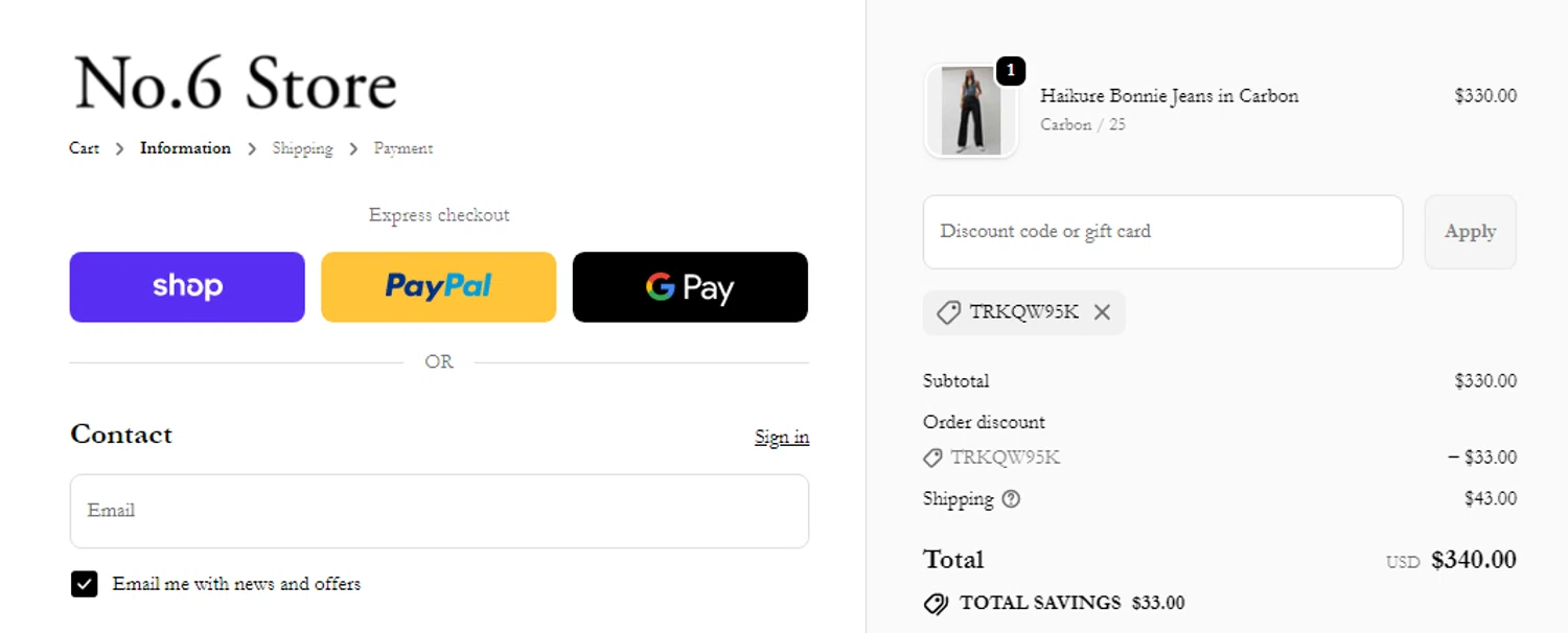 No.6 Store promo code screenshot showing code TRKQW95K applied at No.6 Store checkout page. Uploaded by SimplyCodes community member RonaldAcunaJr on Feb 7, 2026