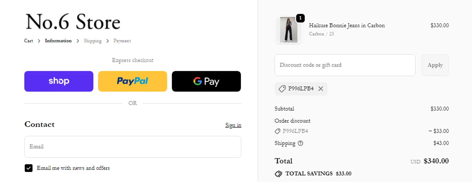 No.6 Store promo code screenshot showing code P996LPB4 applied at No.6 Store checkout page. Uploaded by SimplyCodes community member RonaldAcunaJr on Feb 20, 2026