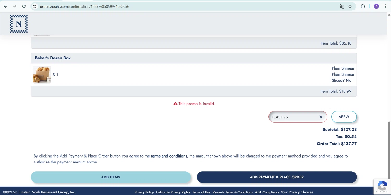 Noah’s New York Bagels promo code screenshot showing code FLASH25 applied at Noah’s New York Bagels checkout page. Uploaded by SimplyCodes community member AGDR28 on Mar 22, 2025