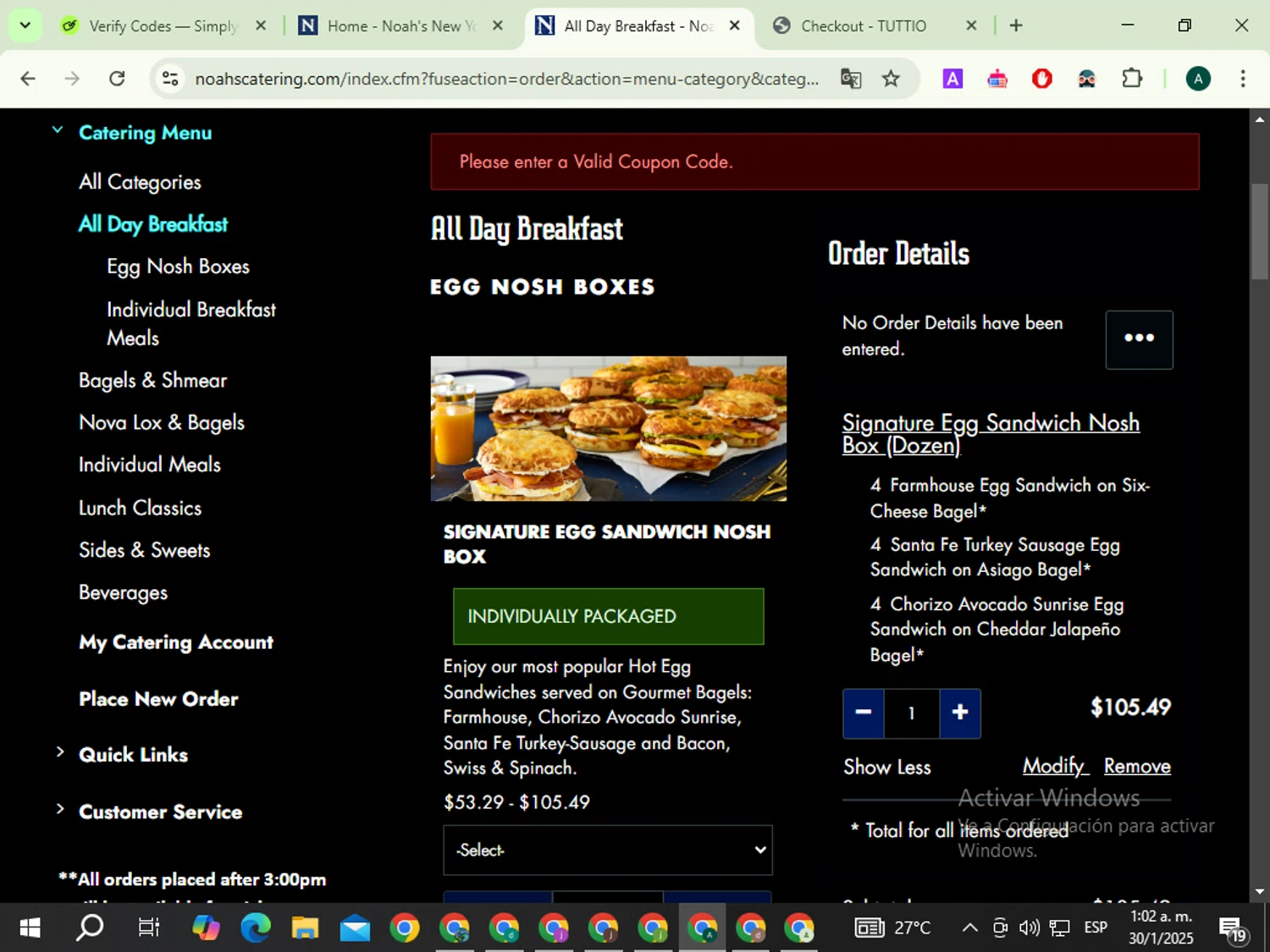 Noah’s New York Bagels promo code screenshot showing code FLASH25 applied at Noah’s New York Bagels checkout page. Uploaded by SimplyCodes community member LegendaryTiger3960 on Jan 30, 2025