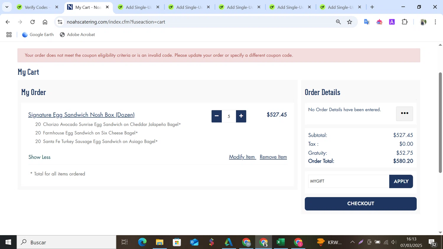 Noah’s New York Bagels promo code screenshot showing code MYGIFT applied at Noah’s New York Bagels checkout page. Uploaded by SimplyCodes community member NobleMonarch5837 on Mar 7, 2025