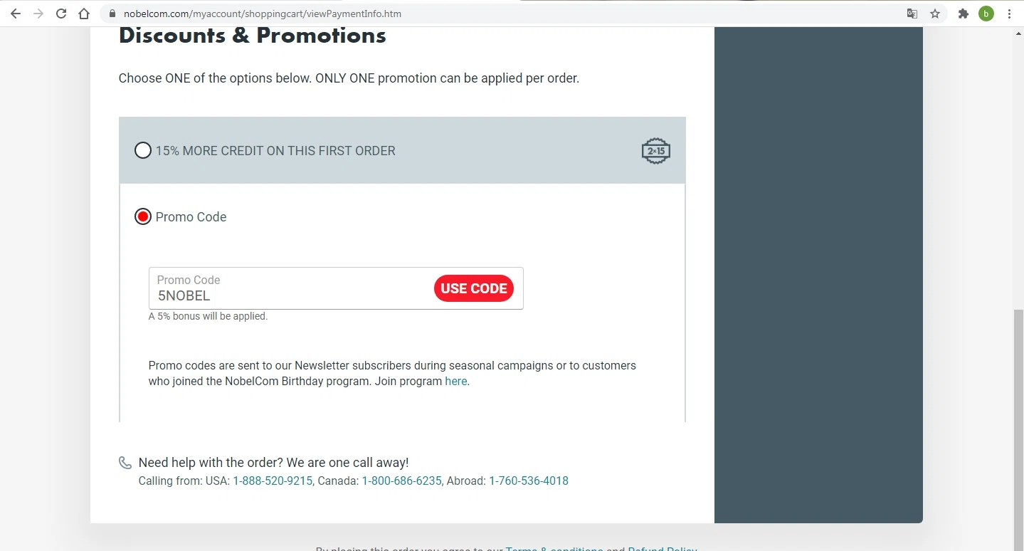 where to use NobelCom promo code box