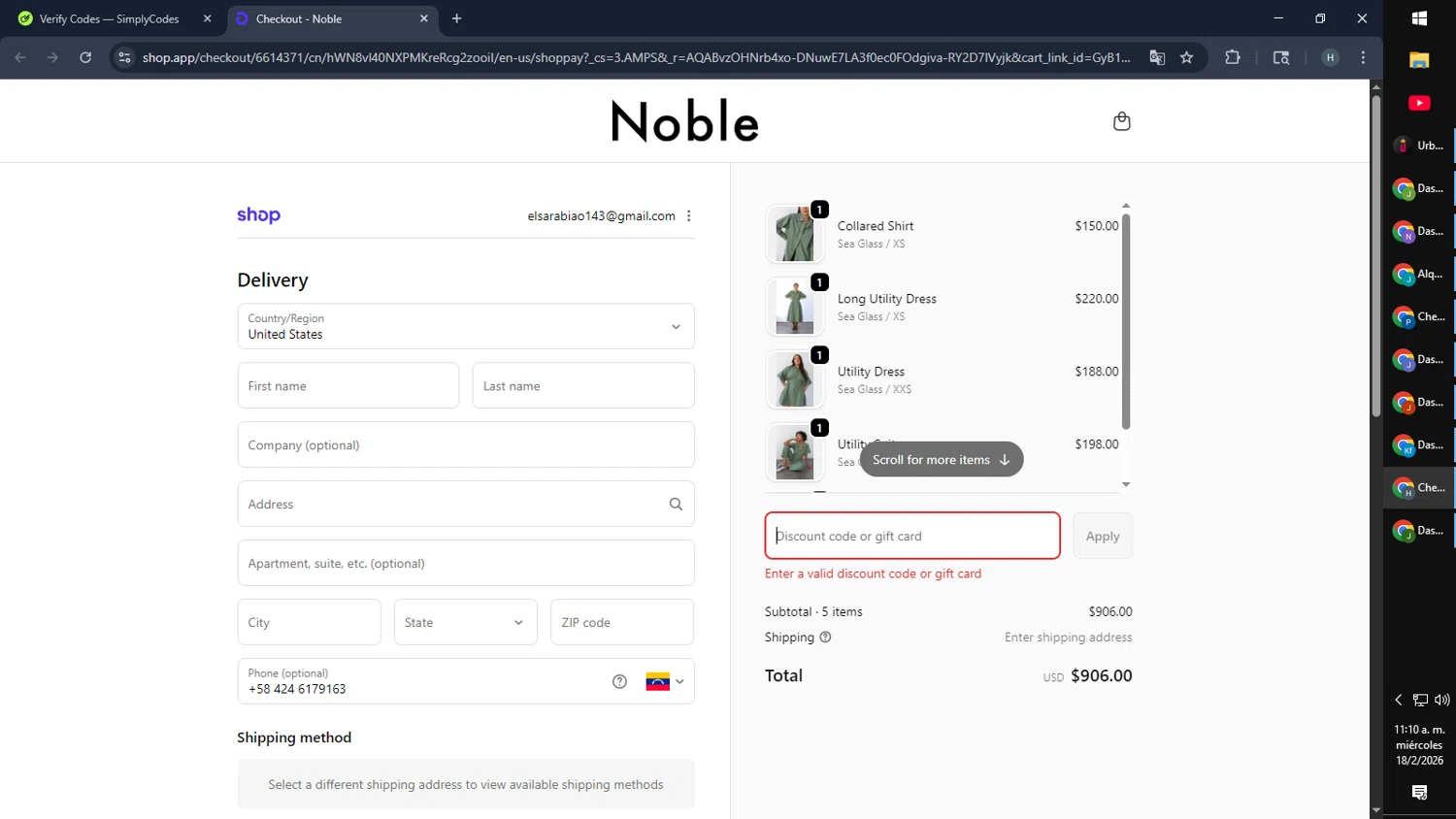 Noble promo code screenshot showing code SIMPLYCODES10 applied at Noble checkout page. Uploaded by SimplyCodes community member SmartMaverick5327 on Feb 18, 2026