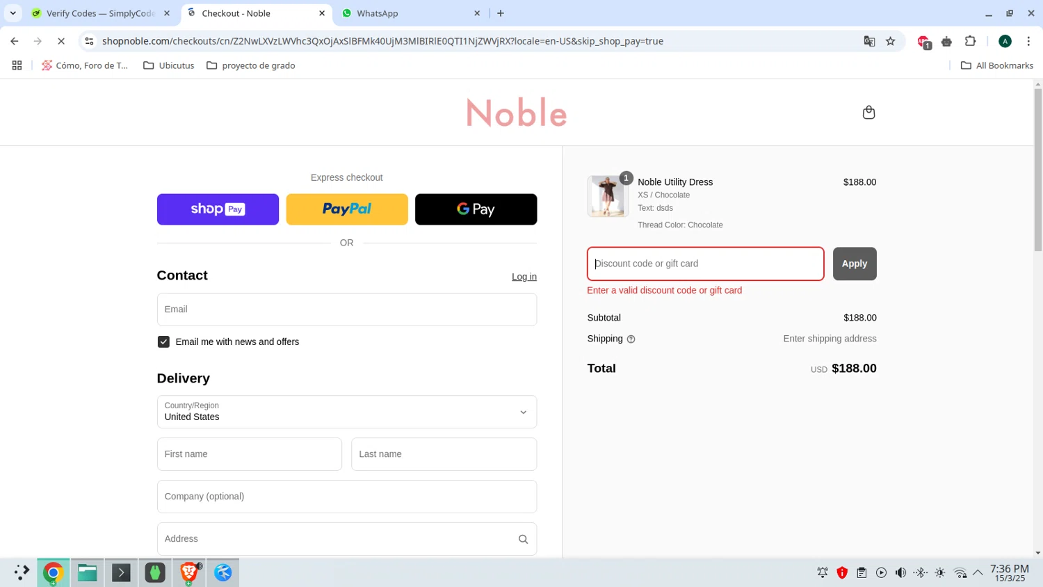 Noble promo code screenshot showing code SIMPLYCODES10 applied at Noble checkout page. Uploaded by SimplyCodes community member admeneses on Mar 15, 2025