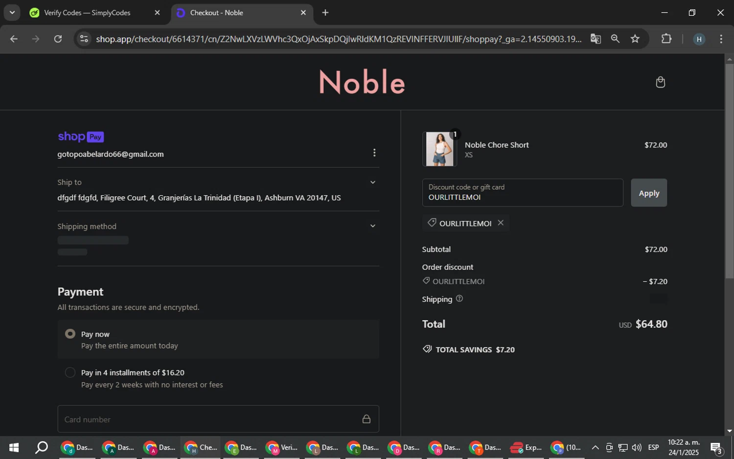 Noble checkout page showing Noble promo code box | Screenshot taken by SimplyCodes community member on Jan 24, 2025
